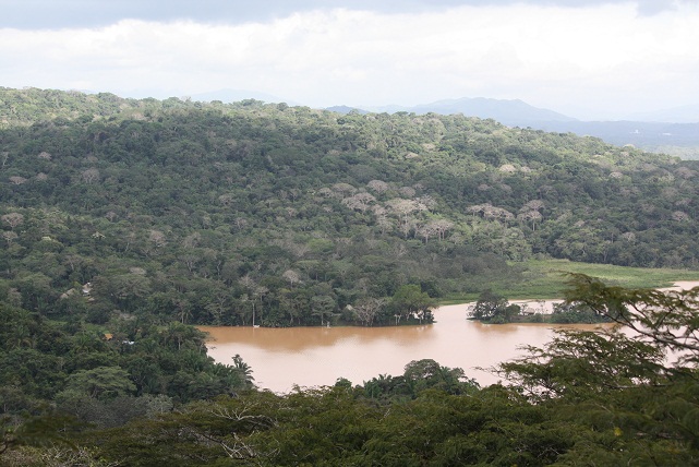 Junto al río Chagres, rojo por la abundancia de las últimas lluvias, se aprecia, en gris, los