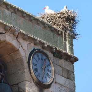 El reloj, la cigüeña y la campana en Fuentes de Béjar, Salamanca, el 1 de enero de 2017